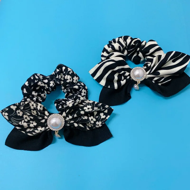 Women Crunchies Hair Accessories Fashion Zebra Striped bow Scrunchies Girl Flower Elastic Hair  Rubber Bands Pearl hair tie rope