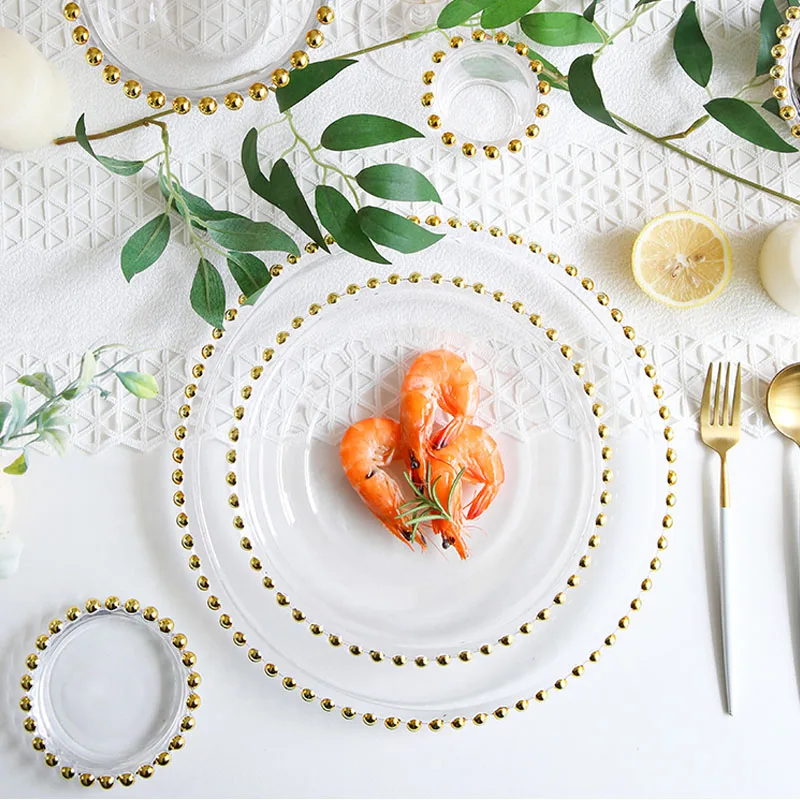 

Gold Inlay Glass Plates Set European Modern Transparent Golden Beads Decorative Dinner Plate Hotel Serving Tray Home Decoration