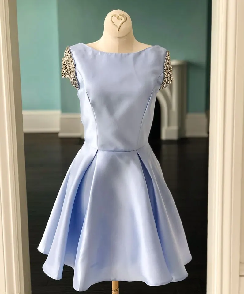 

vestido de formatura 2020 Homecoming Dress Light Sky Blue vestidos de graduación with Pocket Beaded Cap Sleeves