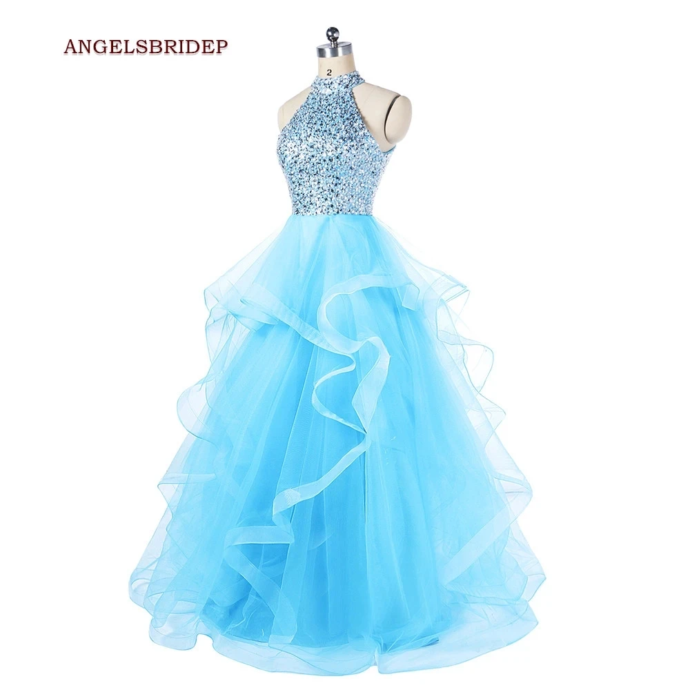 ANGELSBRIDEP wysoka dekolt niebieska sukienka na studniówkę zroszony Tulle Party Dress wzburzyć Vestidos de festa formalne suknie wieczorowe