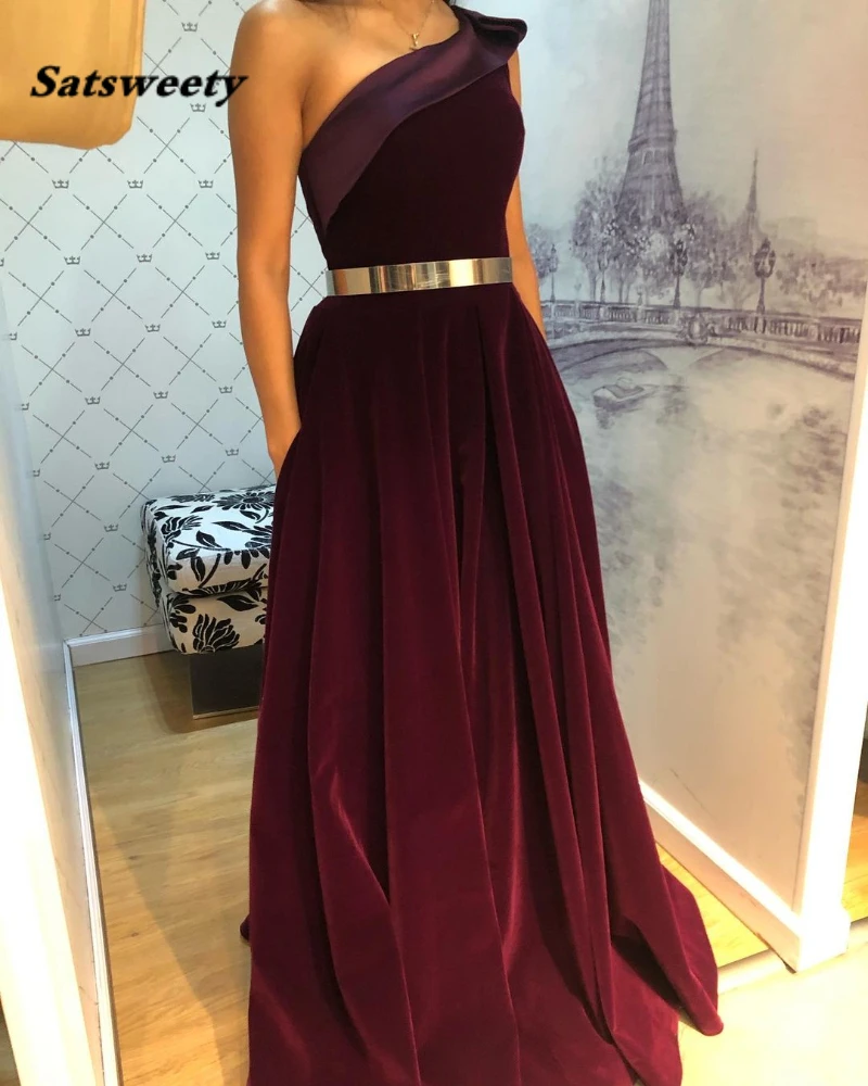 One Shoulder Velvet A-line Evening Prom Dresses with Pockets Sleeveless вечерние платья vestidos Party Formal Gowns Long