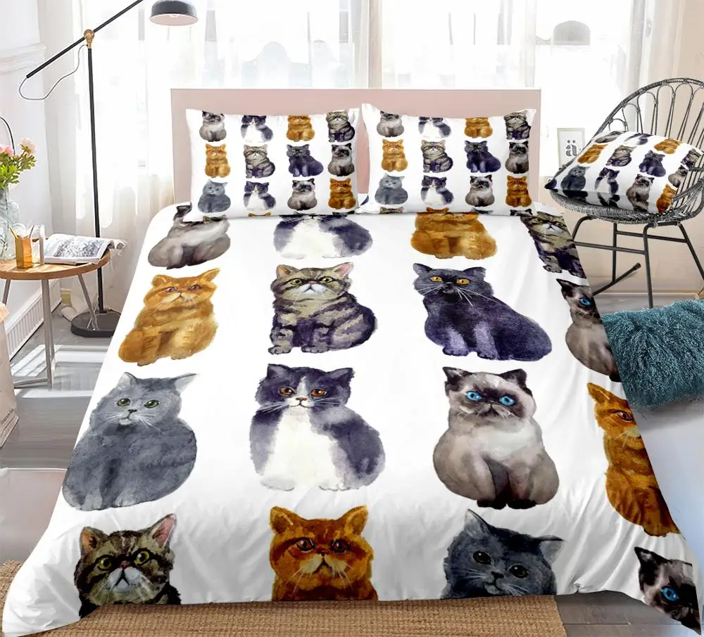 

Watercolor Cats Duvet Cover Set Animal Bedding Kids Boys Girls White Quilt Cover Queen Home Textiles White Bed Set King Dropship