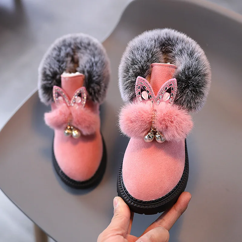 Girls Snow Boots Kids Ankle Boots Sweet Cute Rabbit Ear Crystal Fluffy Smooth Fur Hairy Warm Thick Cotton Children Winter Boots