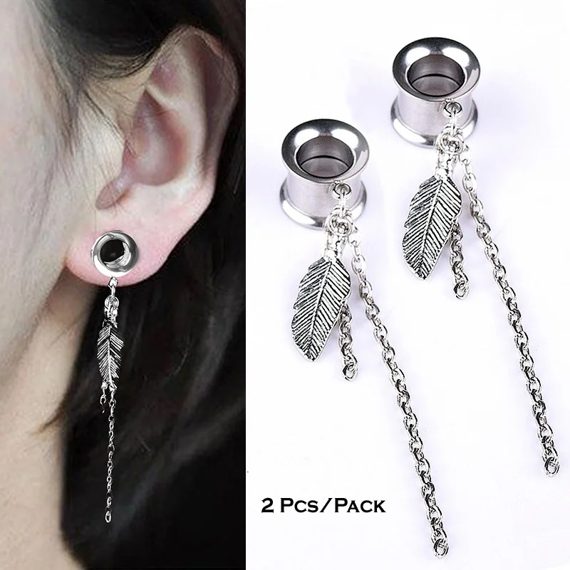 

Pair Dangle Feather Tassels Stainless Steel Ear Tunnel Plugs Ear Gauges Flesh Tunnel Piercing Expander Set Ear Reamer 4mm