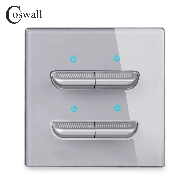 COSWALL New Arrival 1/2/3/4 Gang 1 Way Toggle On / Off Wall Light Switch Blue Backlight Tempered Glass Panel White Black Grey