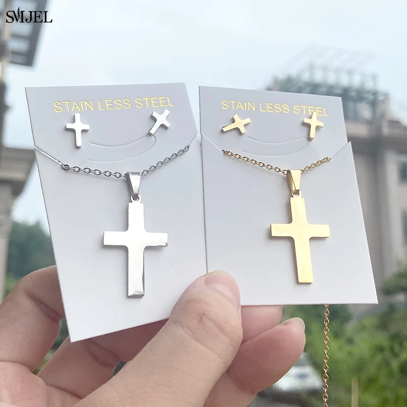 Simple Stainless Steel Cross Necklace Earring for Women Trendy Religious Jewelry Sets Cross Pendant Nekclaces bijoux collares