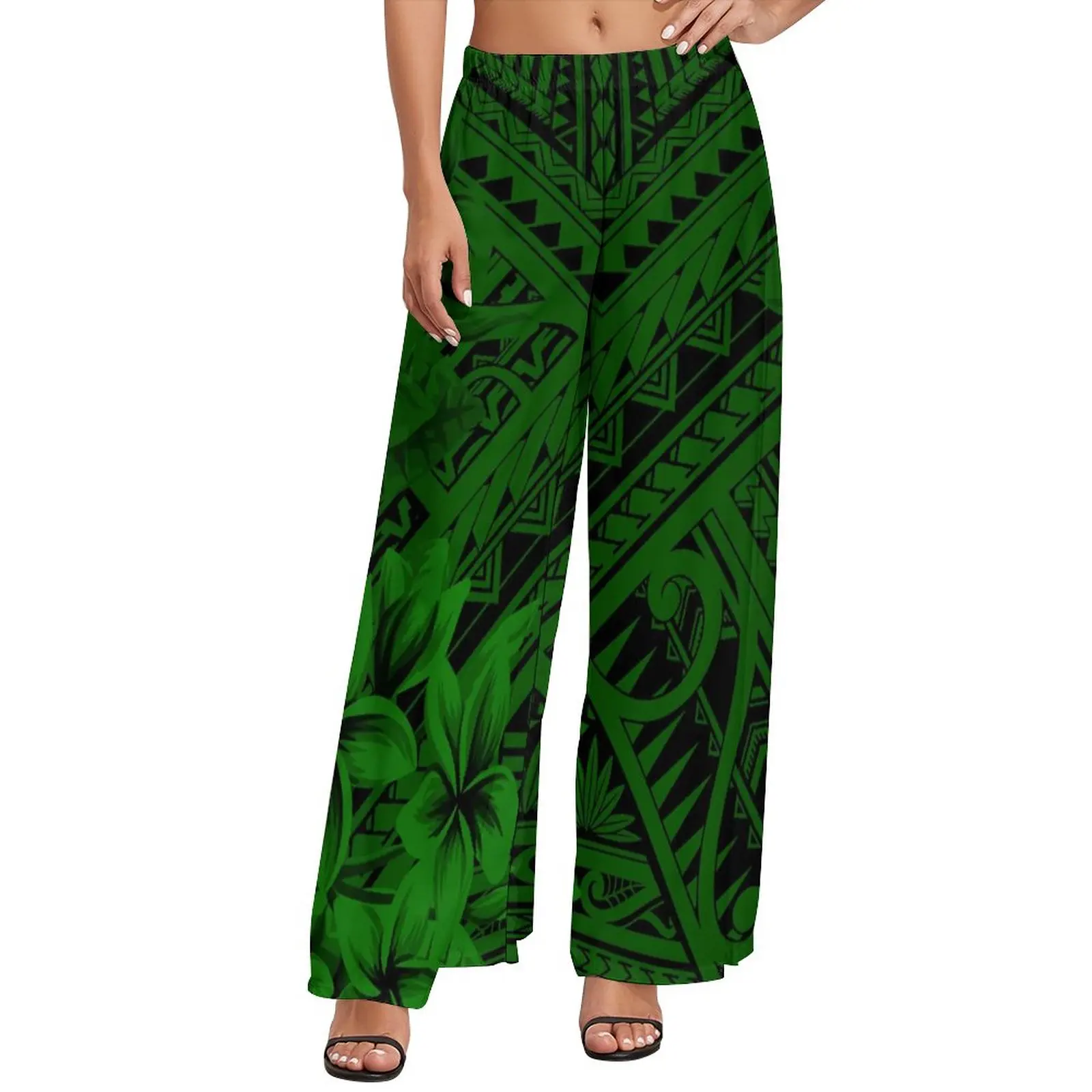 

Breathable Wide Cropped Pants Custom Polynesian Tribal Green Background With Plumeria Prints Lady Wide Leg Pants Lightweight