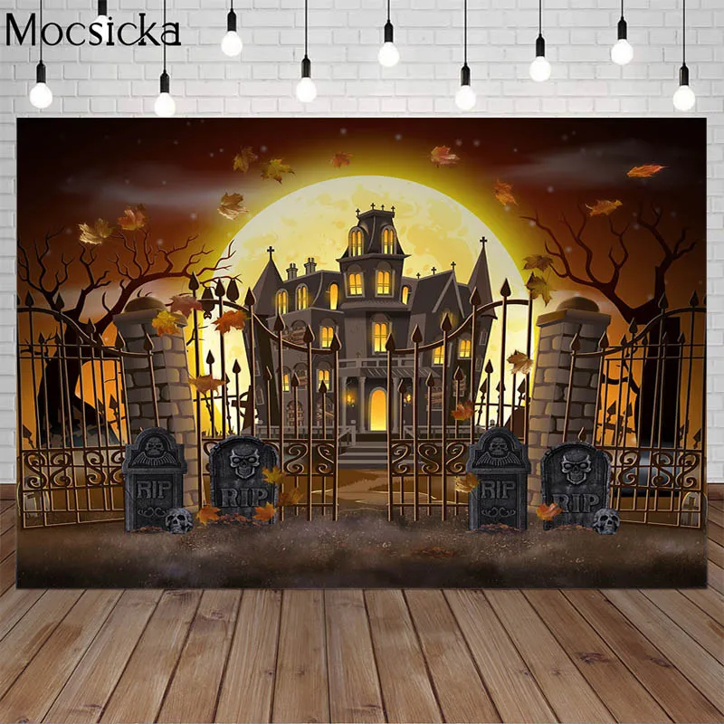 Halloween Photography Backdrop Haunted House Castle Big Moon Lron Fence Props Child Cake Smash Background Portrait Photo Studio