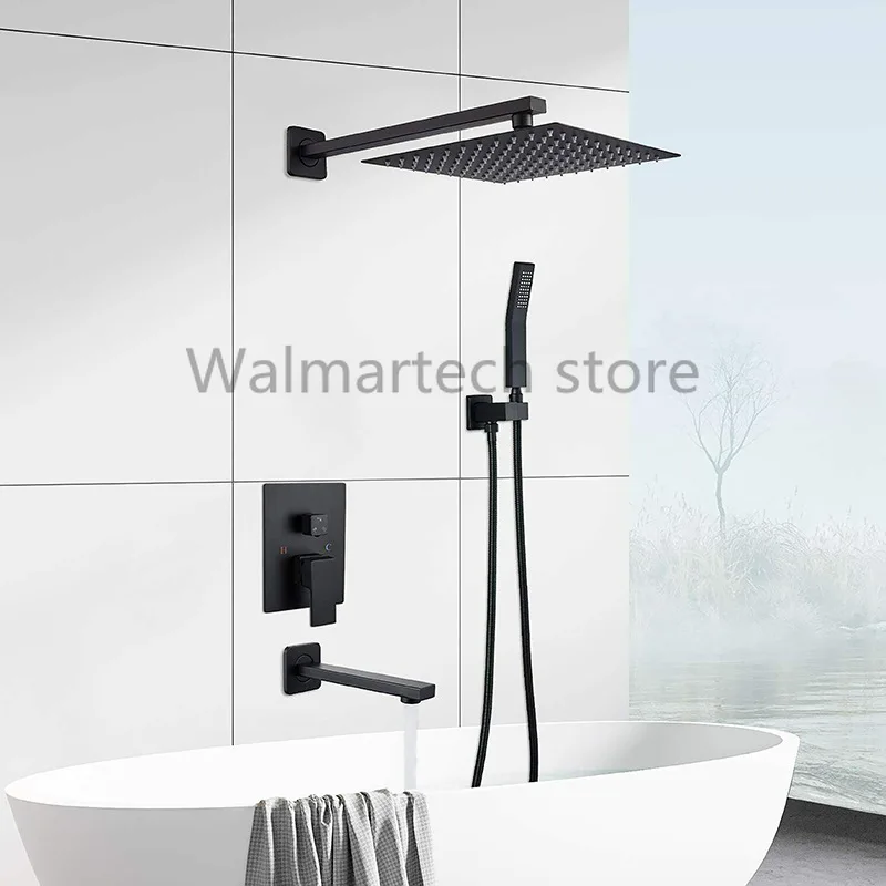 3 Ways Brass Black Bath Shower Faucets 8-12 Rain  Head Bathroom  Set Diverter Mixer Valve  System Wall Mounted