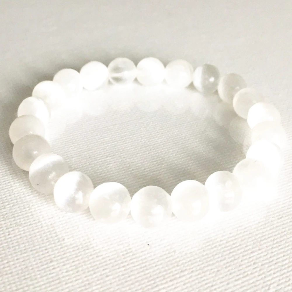 MG0812 8 mm Genuine Selenite Stone Bracelet Simply Design Crown Chakra Bracelet Womens Reiki Yoga Mala Bracelet