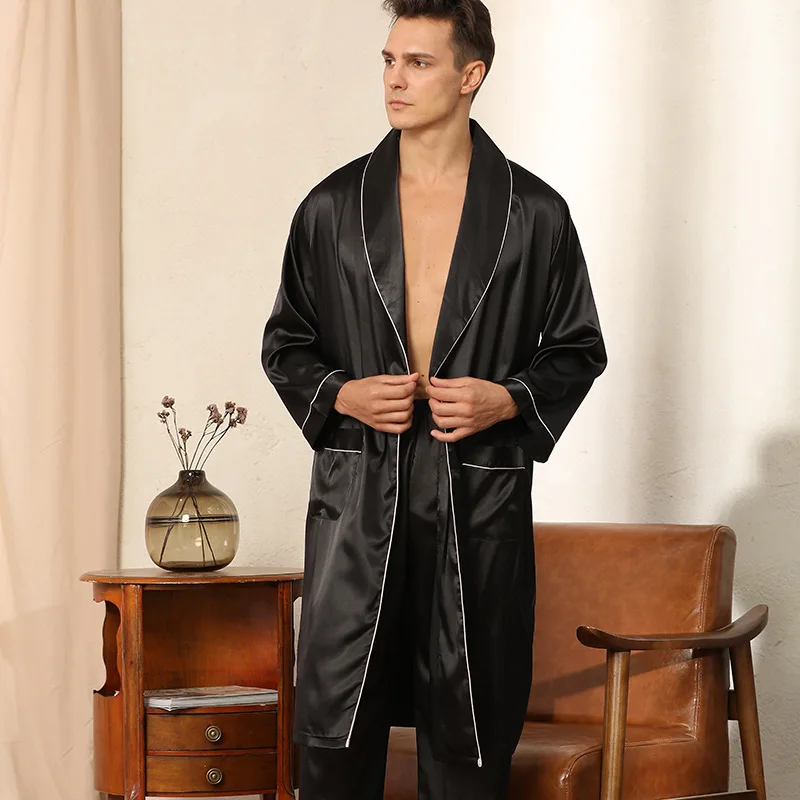 Men Pajamas Satin Kimono Robe Gown With Pants Thin Nightgown Two-pieces Bathrobe&Trousers Suit Summer Long Sleeve Nightwear