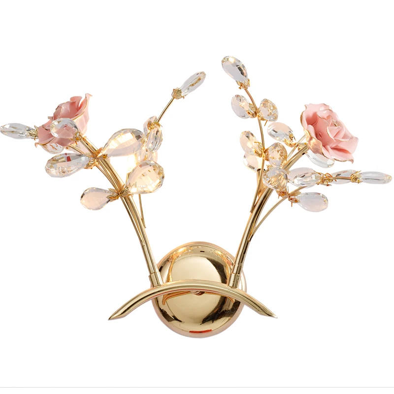 

Ceramic flower wall lamp for girls room Noble gold crystal wall sconce luxury decorative wall light in bedroom living room foyer