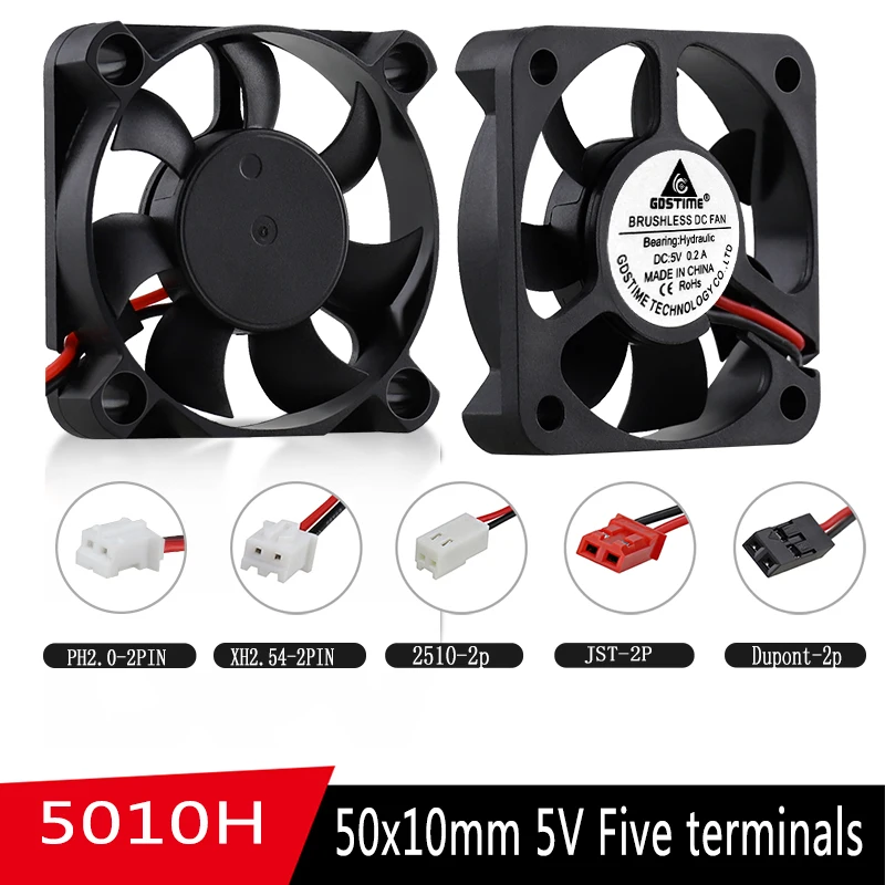 2 peças 5010 50x50x10mm 5v ventilador de refrigeração 2pin jst dupont conector 5cm 50mm computador de ventiladores de refrigeração industrial 50*10mm ventilador de alta velocidade