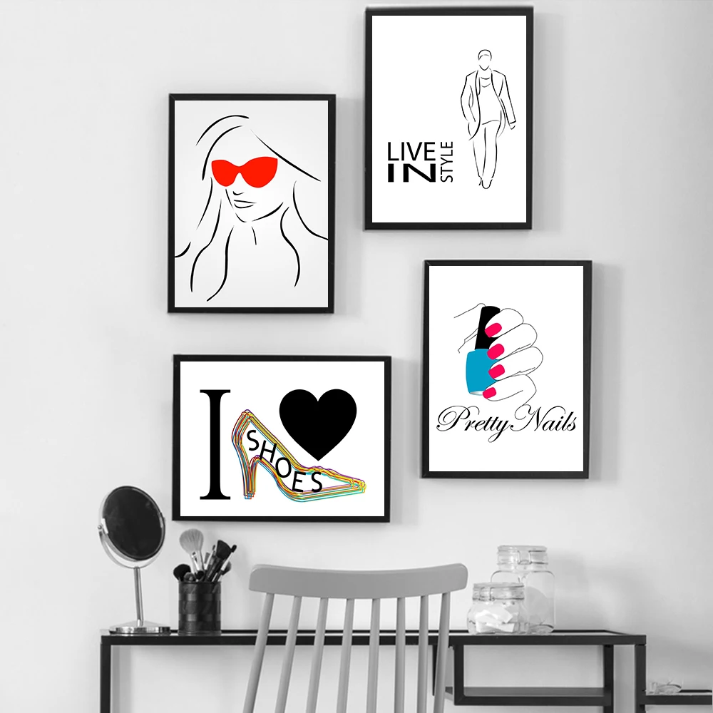 Fashion Nails Beauty Salon Posters Wall Decor Trendy Woman Men Abstract Art Print Canvas Painting Sunglasses High Heels Picture