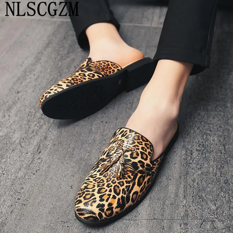 Leather Slippers for Men 2024 Mules Shoes Man Leopard Summer Slippers for Men Casual Indoor Slippers Men Half Shoes Man Sapato