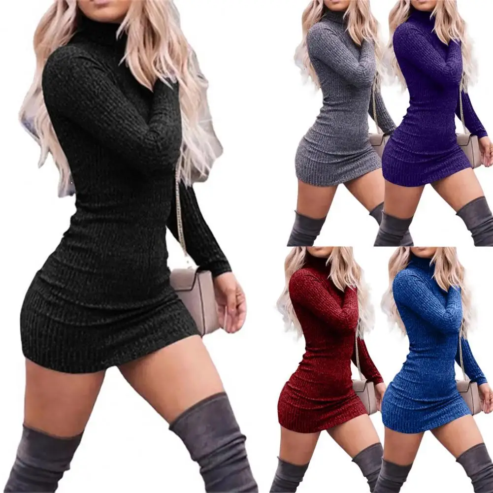 Women Sheath Dress Solid Color High Collar Sexy Slim Spring Dress for Parties