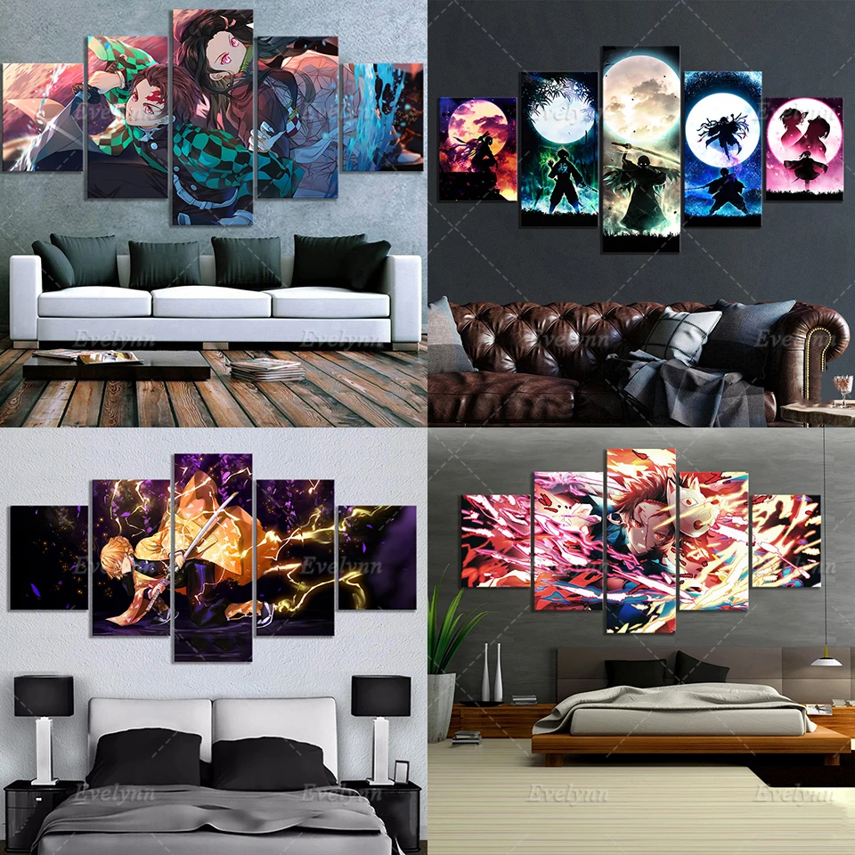 

5 Pcs Demon Slayer Kimetsu No Yaiba Anime Poster Modular Picture HD Printed Canvas Paintings Wall Art For Living Room Home Decor