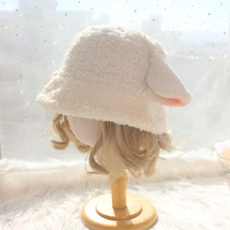 Hand for winter white sheep ear fisherman lambs wool lolita hat lovely lamb basin hat