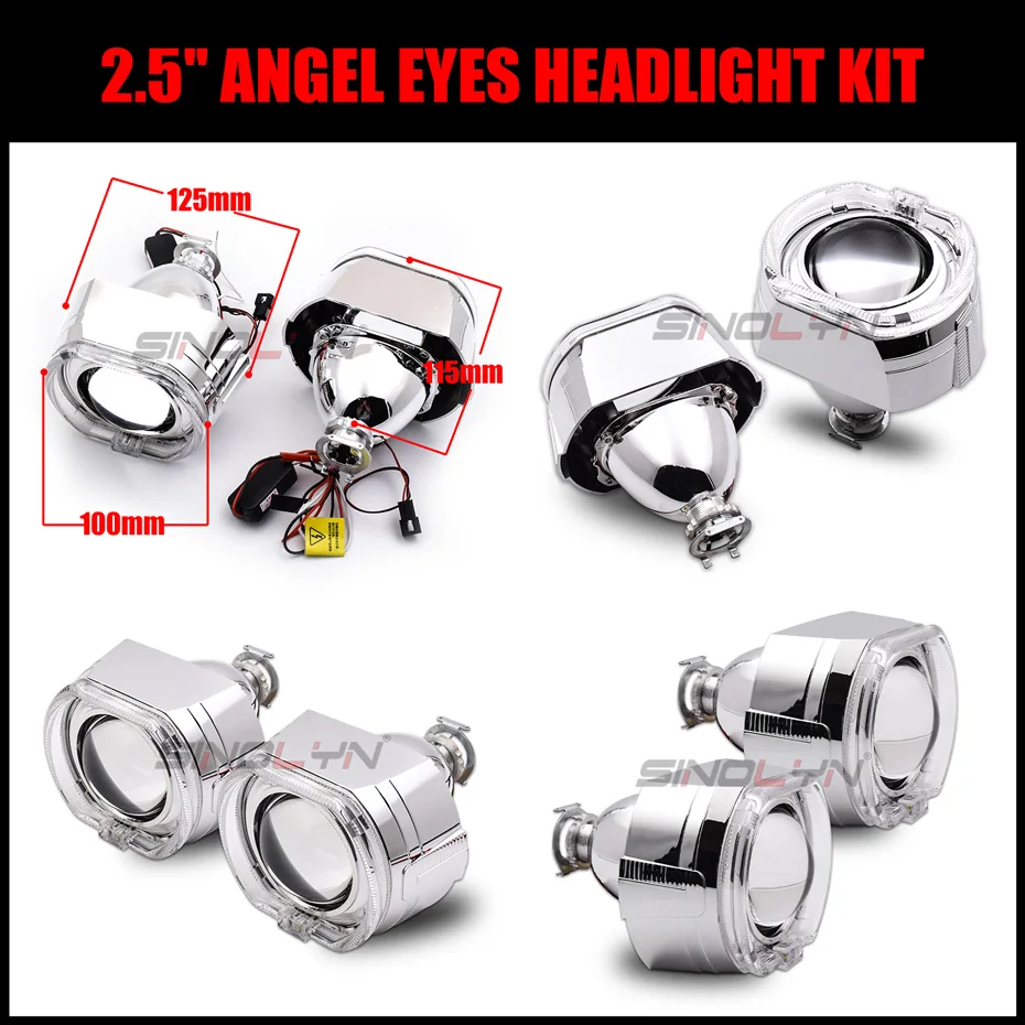 Sinolyn LED Angel Eyes Bi Xenon Projector Headlight Lens 2.5/3.0 Square Turn Signal Switchback Running Lights H4/H7 Car Retrofit