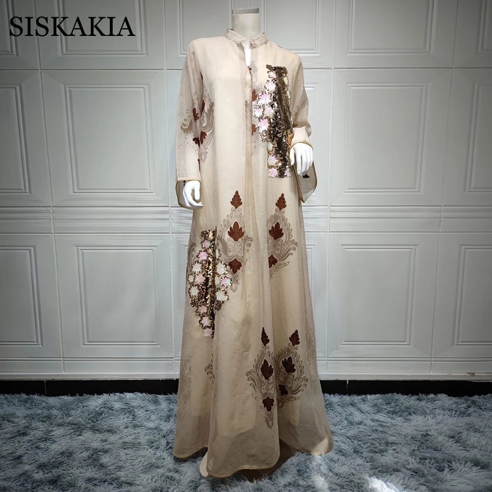 Mesh Sequins Embroidered Abaya Dress for Women Winter 2021 Middle East Arab Oman Dubai Muslim Moroccan Caftan Party Clothes Eid