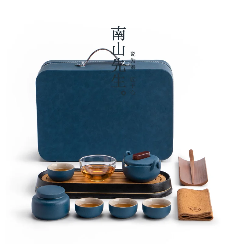 Indigo Blue Small Travel Box Portable Tea Set for Car Travel Set Small Set Quick Cup Teapot