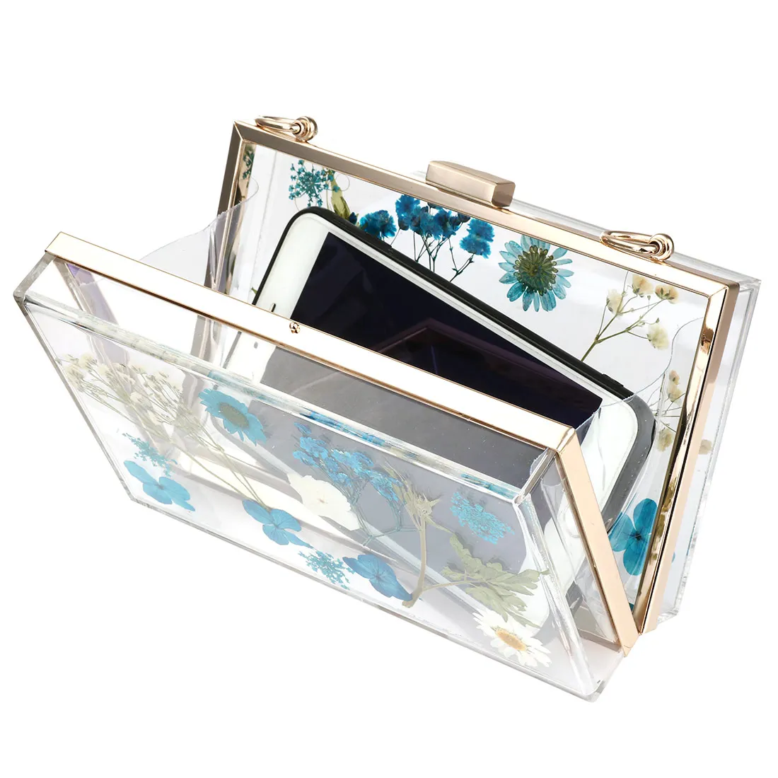 INS Popular Acrylic Box Bag Clutch Bag With Chain Floral Crossbody Bag Women Party Evening Bag Transparent Box Bag With Flower