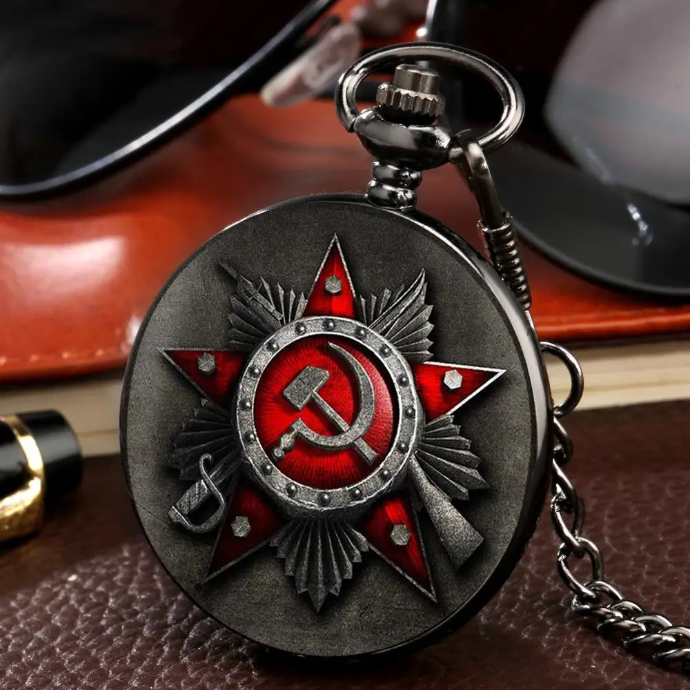 Vintage USSR Soviet Sickle Hammer Style Quartz Pocket Watch Necklace Bronze Pendant Clock CCCP Russia Emblem Communism Top Gifts