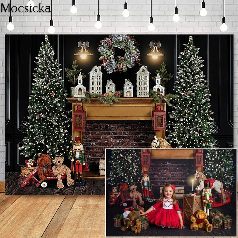 Mocsicka Christmas Retro Backdrops For Photography Fireplace Xmas Tree Toy Decoration Photographic Studio Photo Background Props