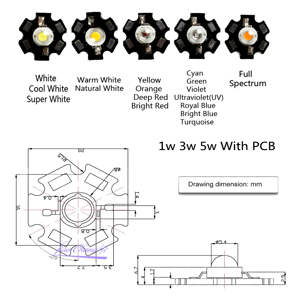 1W 3W High Power warm white/cool white /natural white/red/green/Blue/Royal blue IR LED with 20mm star pcb 10pcs