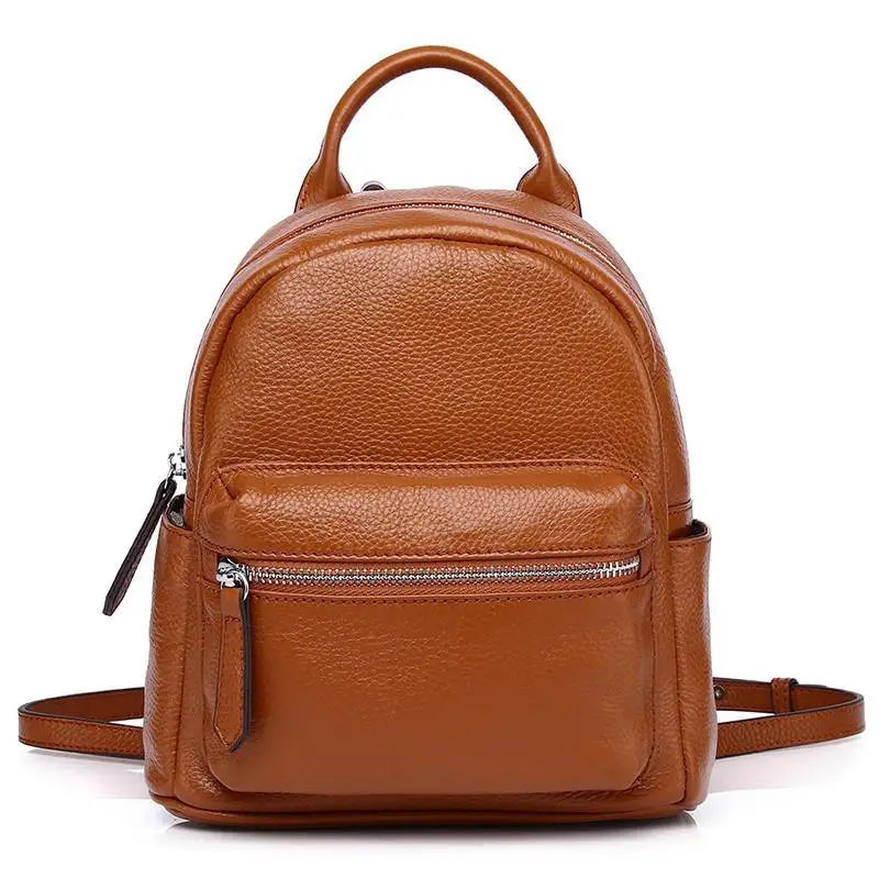 Small Women Leather Backpack Fashion Simple Casual Lady Rucksack Soild Zipper Girl Backpack Genuine Leather Travel Backpack Bag