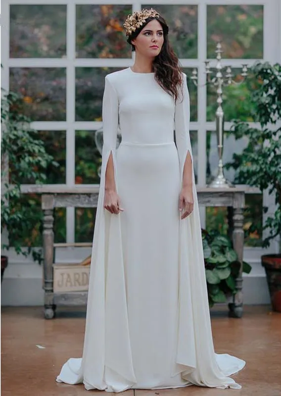 Long Sleeve Satin Wedding Dress Scoop Open Back A Line Outdoor Garden Wedding Bridal Gowns lakshmigown