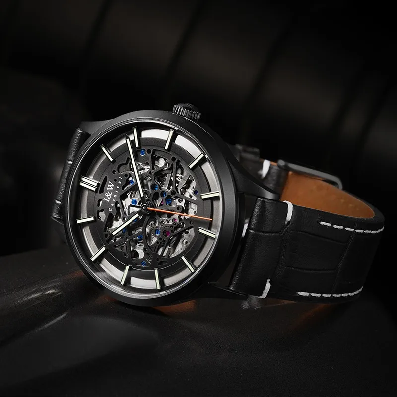 MIYOTA Movement Skeleton Watch Automatic Luxury Brand I&W Black Tourbillon Mechanical Watch Men Sapphire Luminous Leather Strap