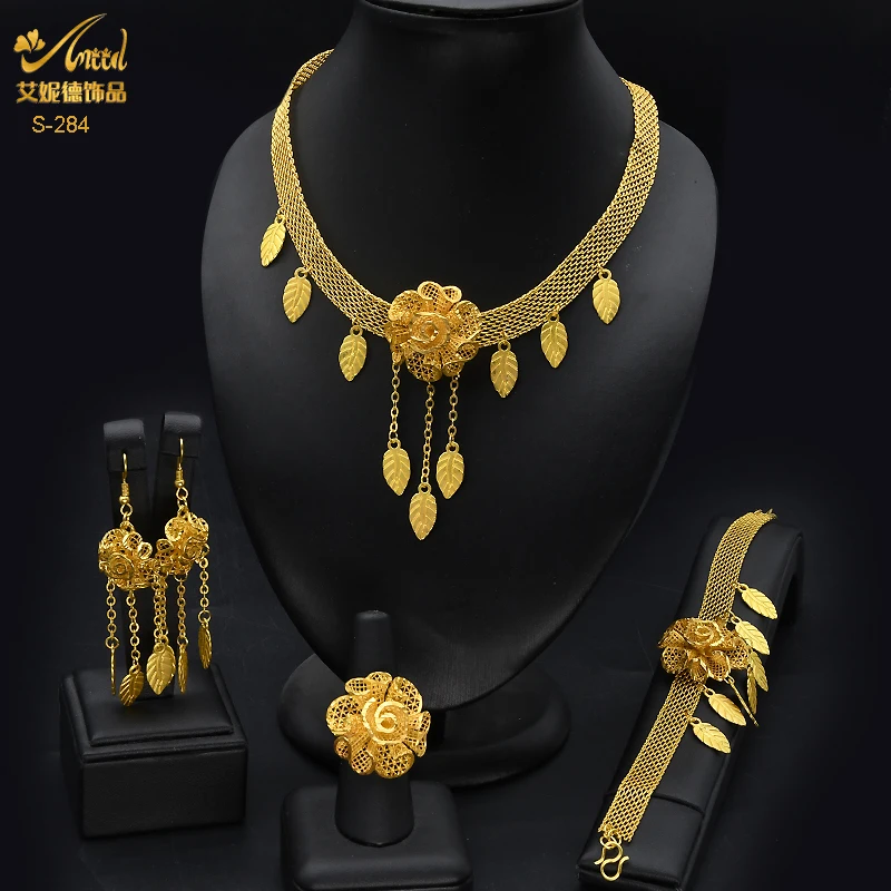 Indian Bridal Jewelry Sets 24k Gold Plated African Chokers Necklaces Earrings Rings Fashion Tassel Flower Dubai Luxury Sets