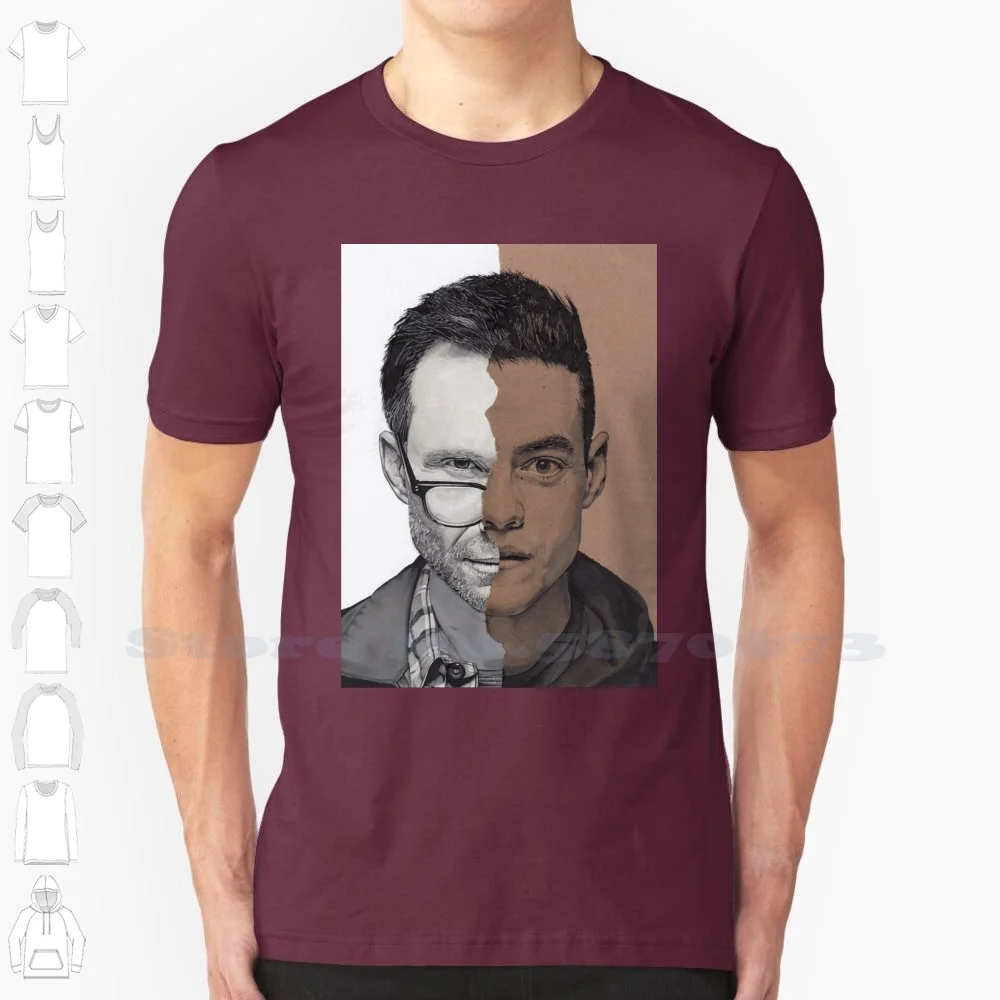 

Mr. Robot 100% Cotton T-Shirt Mr Robot Elliot Alderson Fsociety F Society Mask Rami Malek Christian Slater Half Face Portrait