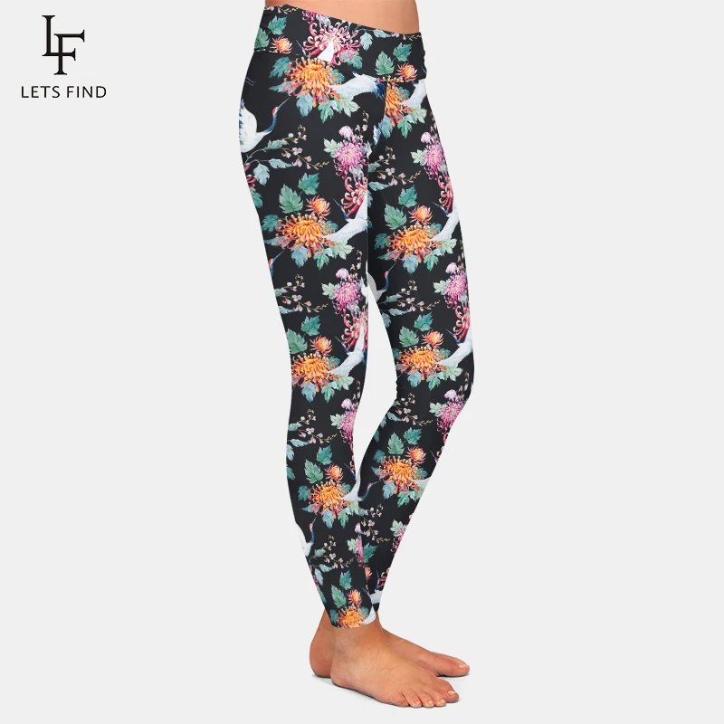 LETSFIND Schöne Krane und Blumen Muster Druck Elastische Hosen Mode Hohe Taille Frauen Fitness Stretch Leggings