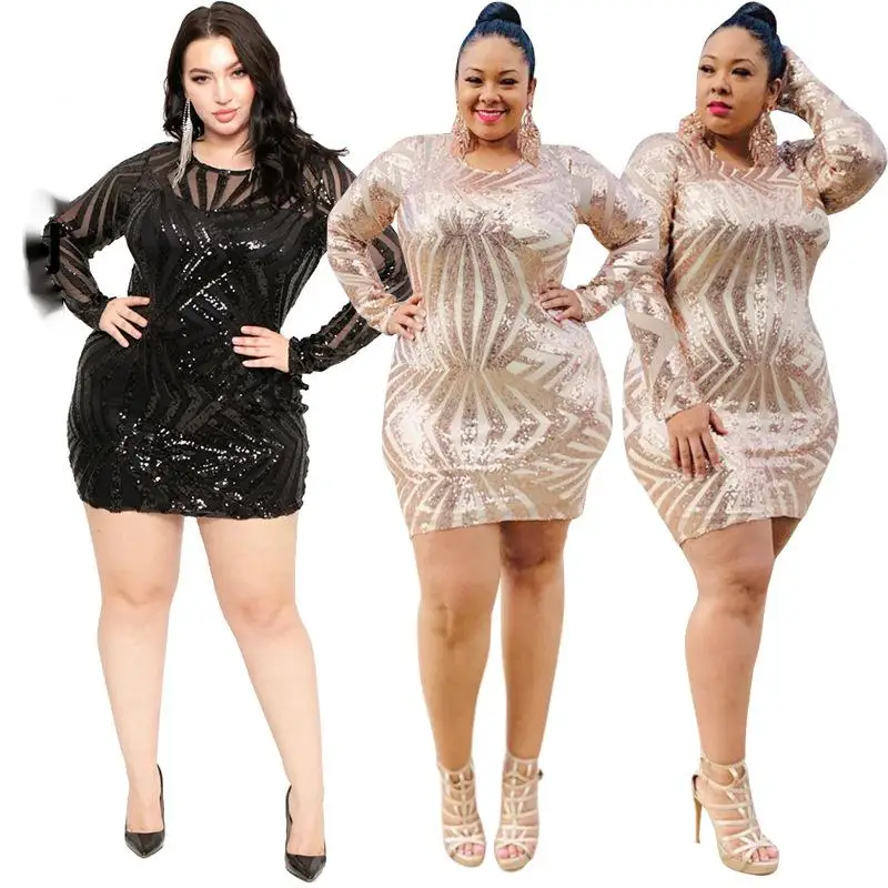 2024 New Plus Size Women's Geometric Sequins Tight Sexy Perspective New Year Christmas Party Bar Dress