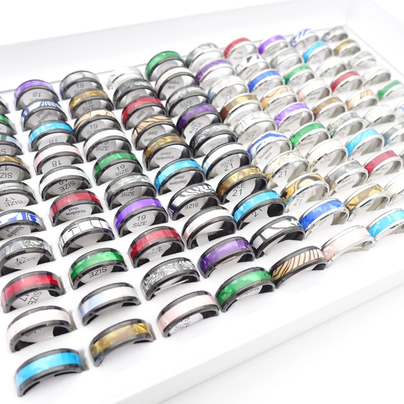 MIXMAX 100pcs Fashion Stainless Steel Rings Mixed Patterns Black Silver Plated Jewelry Wholesale Size 17-21mm