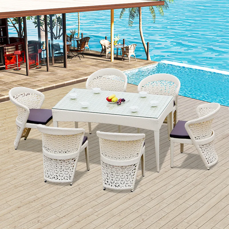 Outdoor Dining Set 7 pcs Metal frame table and chairs garden rattan Wicker furniture Rectangular table party Set for Swing Pool