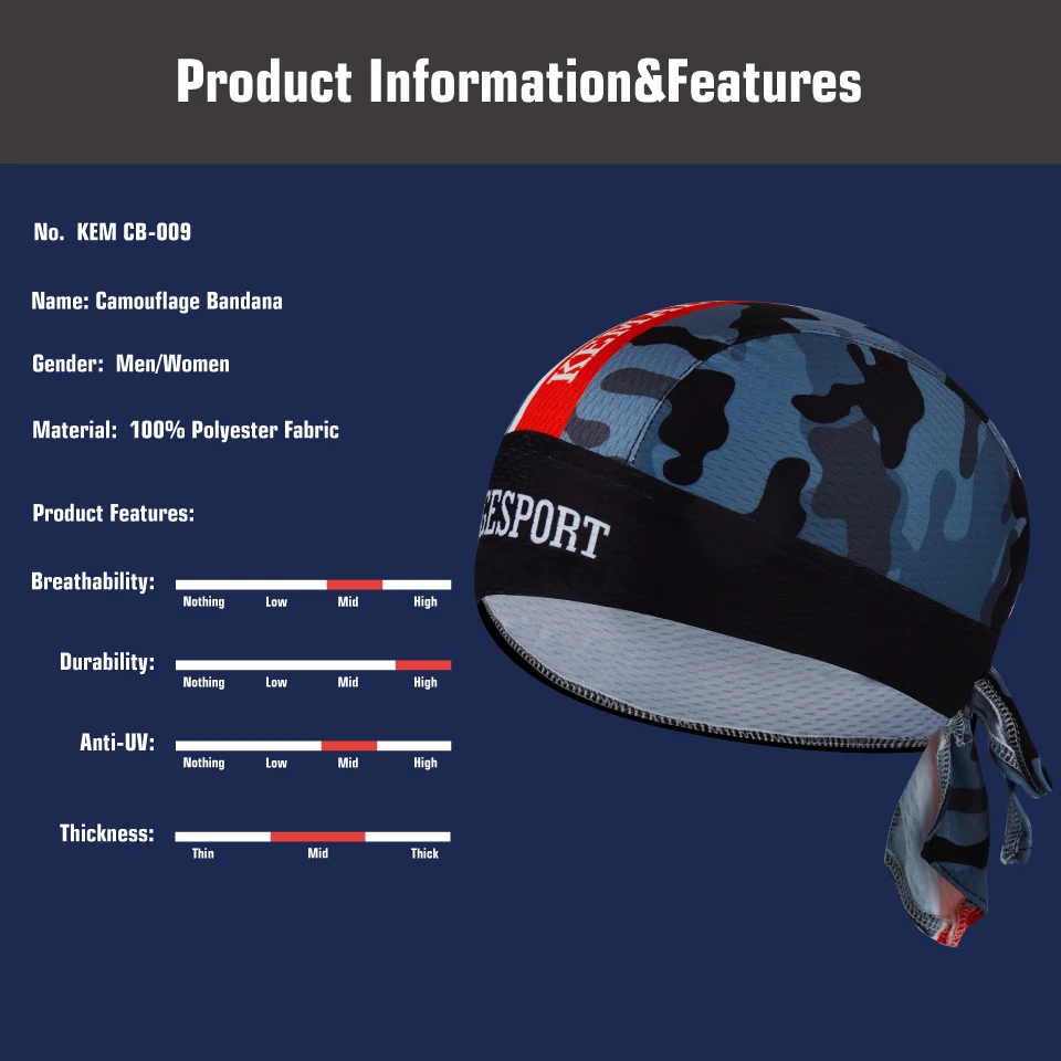 KAMALOCE 100% Polyester Red Black Summer Men Racing Cycling Head Bandana Road Bike Ciclista Camouflage Cycling Scarf Bandana Cap