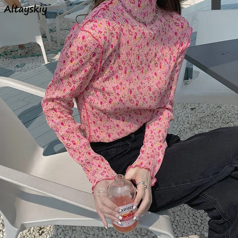 Slim Blouses Women Floral Print Sweet Pleated Turtleneck Tops All-match Female Spring Fall Vintage Design Korean Style Aesthetic