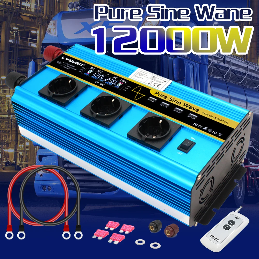 12000W Power Inverter DC 12V to AC 220V 230V Converter Supply Solar Power LCD Screen 4USB 4FAN With Remote Control 3AC EU Socket