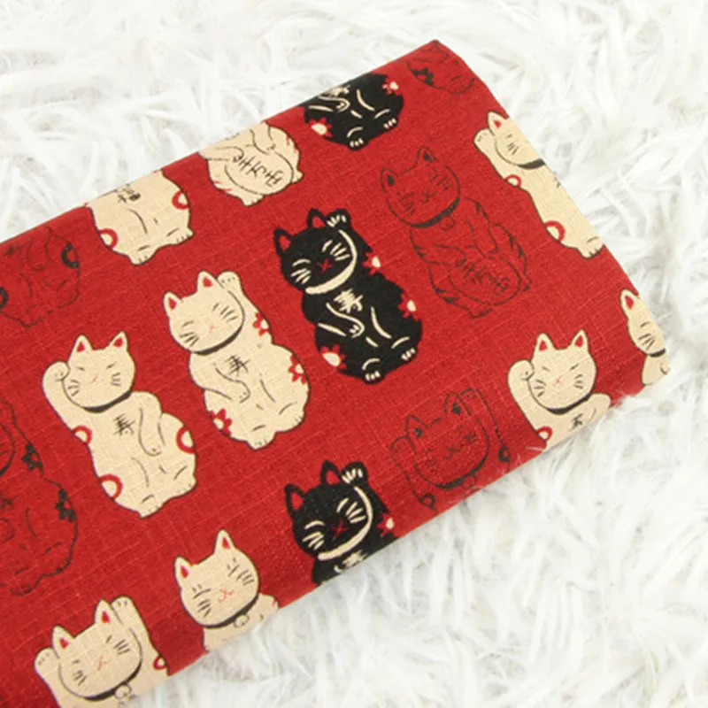 Half Yard Slub Cotton Fabric Japanese Soft Breeze Fortune Cat Print, Handmade DIY Bag Garment Sewing Material CR-630