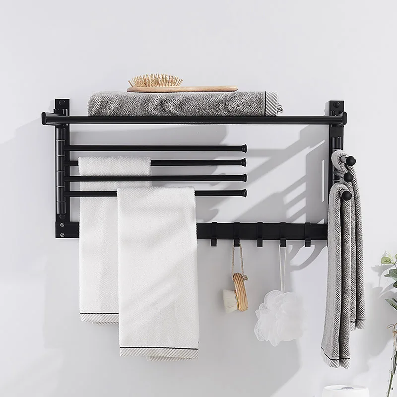 50-60CM Black Space Aluminum Bathroom Towel Rack Wall Mounted Folding Storage Towel Hanger  Towel Bar Movable Pole