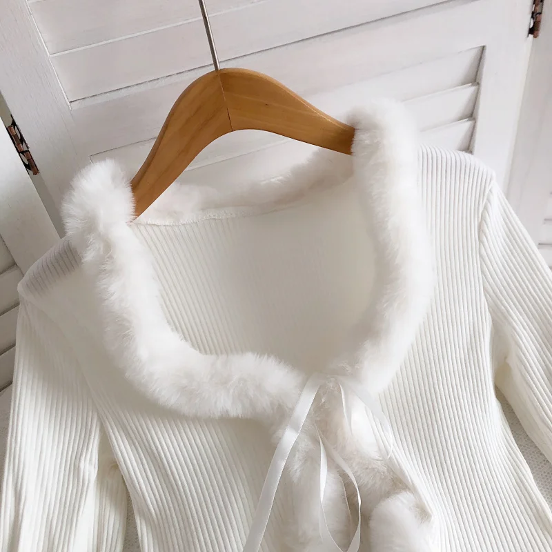 Nomikuma Fashion Fur Patchwork Women Shirts Sexy Crop Top Blouse Cardigan 2023 Autumn New Bow Tie Korean Blusas 6V369
