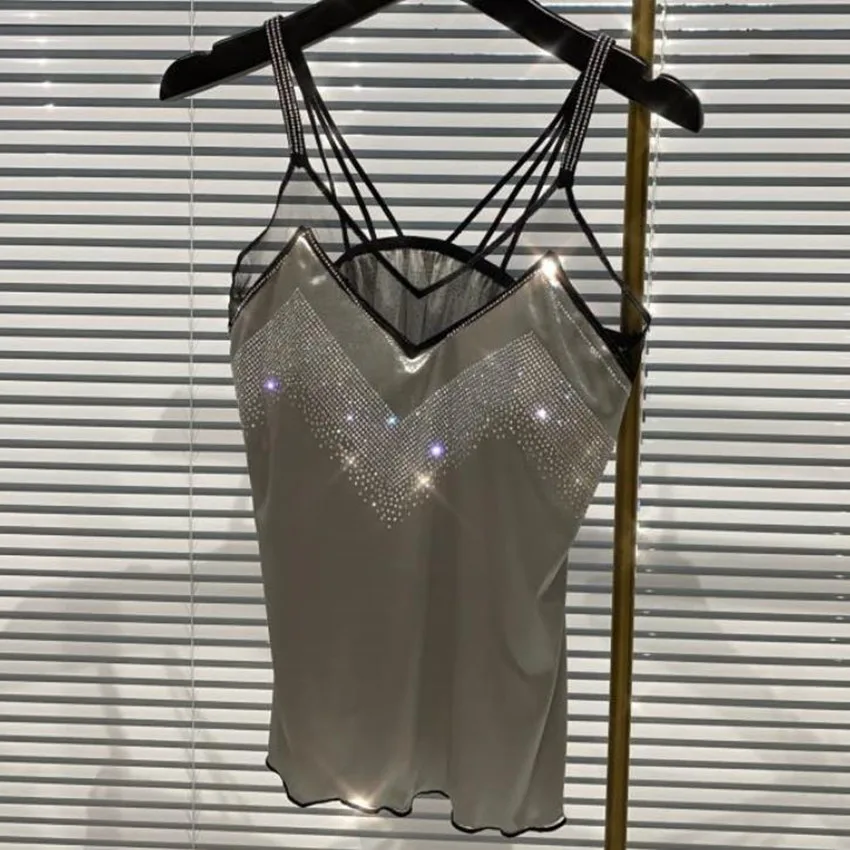 Summer New Hot Rhinestone camic women Mesh Stitching Little Sexy Mercerized Cotton Camisole