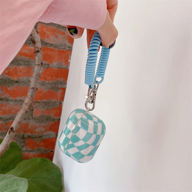 INS New Twisted Checkerboard Earphone Case For Airpods 1 2 Pro 3 Spring Lanyard Keychain Headphone Shockproof Protective Cover