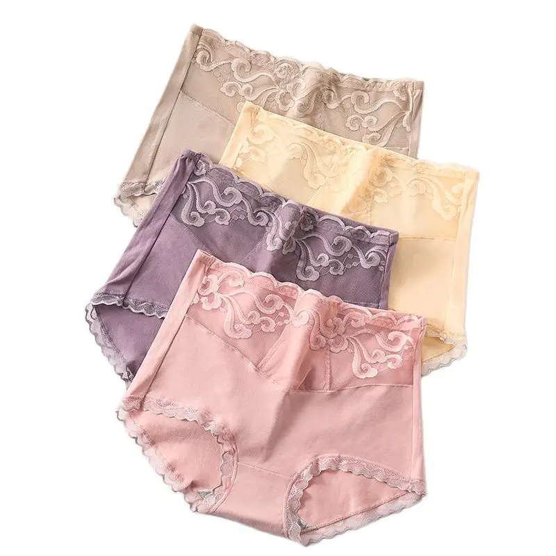 Culottes en dentelle pour femmes, 4 pièces, taille haute, Sexy, en coton, amincissant, sous-vêtements sans couture, slips pour filles, Lingerie féminine respirante