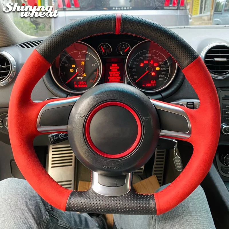 Shining wheat Red Suede Black Genuine Leather Car Steering Wheel Cover for Audi TT TTS (8J) 2006-2014 A3 S3 (8P) Sportback