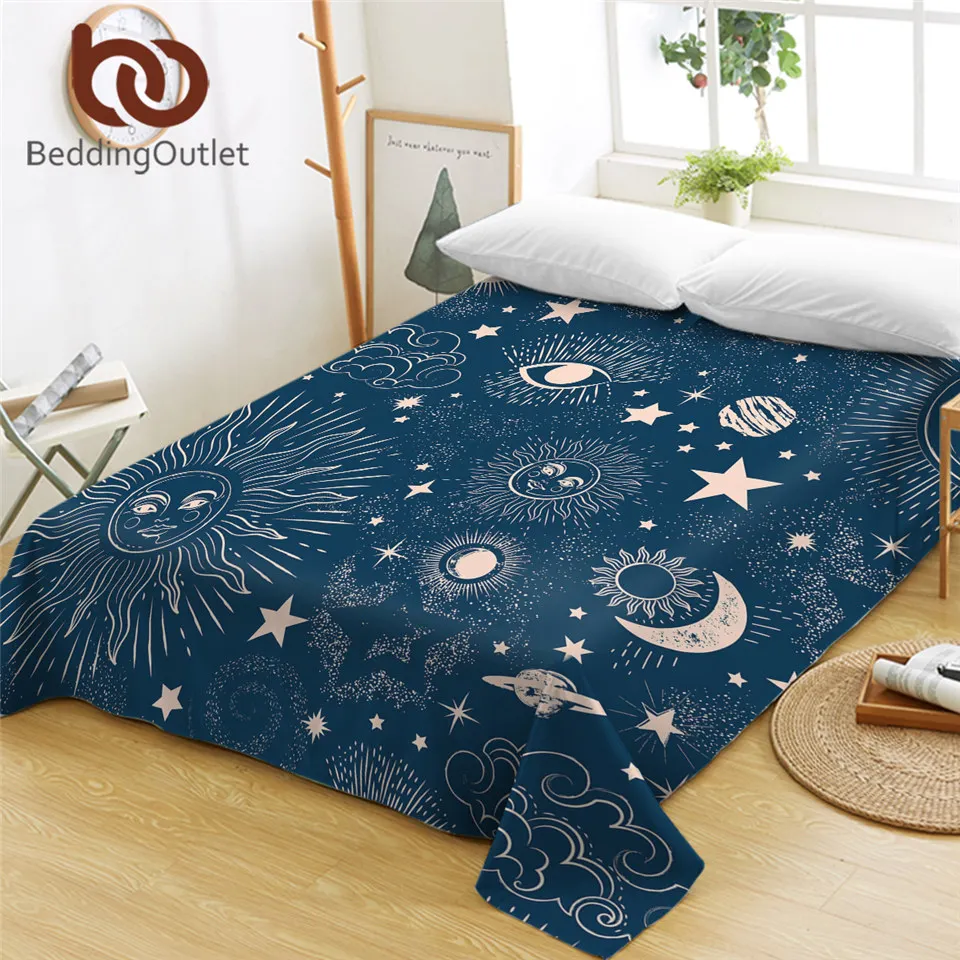 BeddingOutlet Witchcraft Bed Sheets Sun Stars Flat Sheet Celestial Blue Bed Linen Hippie Home Textiles Queen Juego De Sabanas