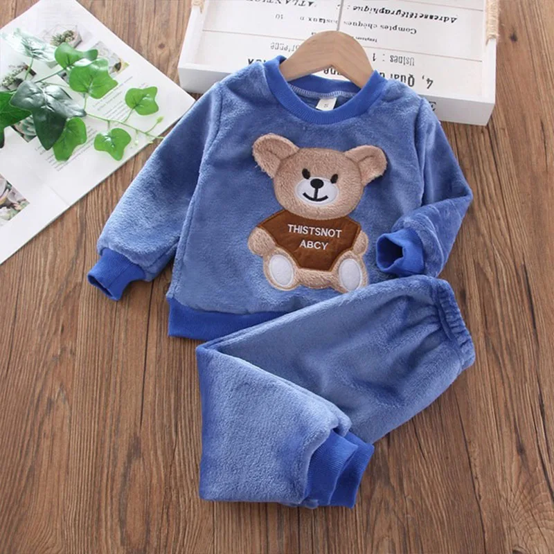 Fashion Infant Clothing Winter Flannel Baby Warm Suit Casual Baby Girls Clothes Cartoon Sweater+Pants 2pcs Boys Pajamas Set